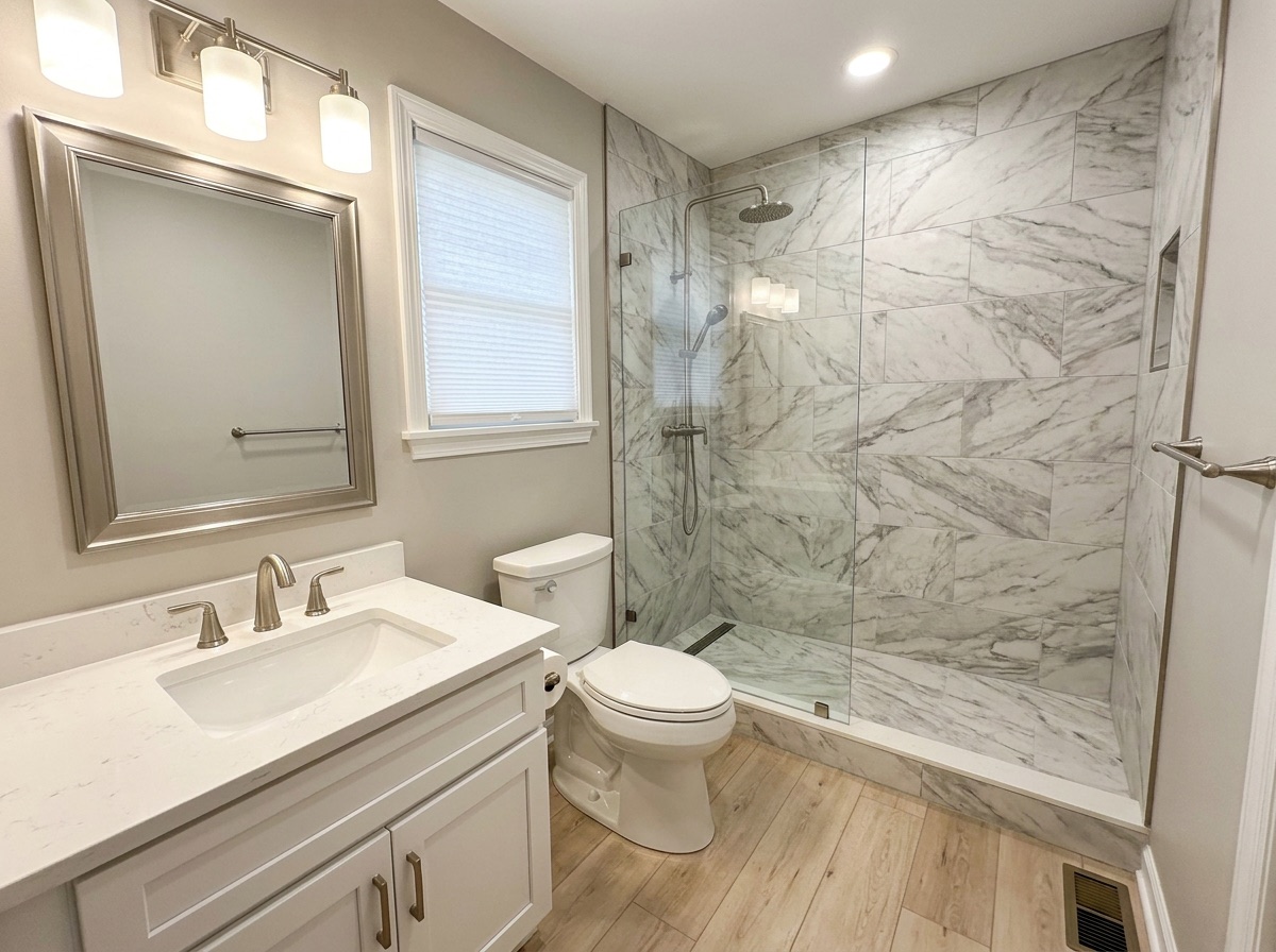 Modern remodeled bathroom with walk-in shower