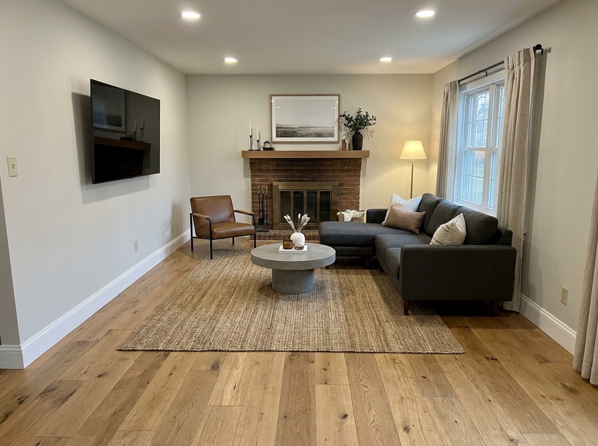 New hardwood floors in a bright, refreshed living room