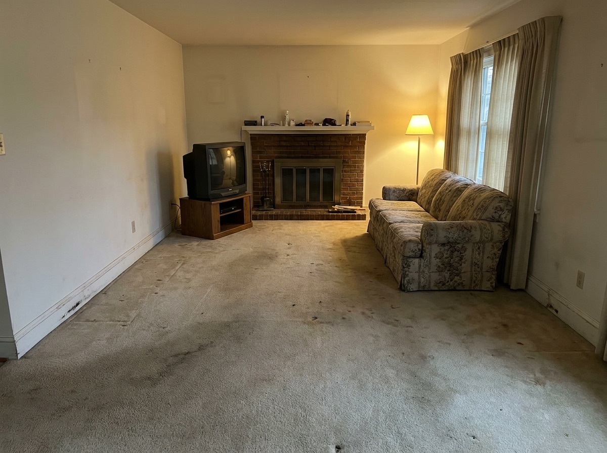 Worn carpet in living room before new flooring
